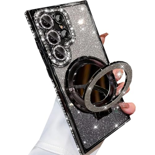 Changjia for Samsung Galaxy S25 Ultra Magnetic Kickstand Glitter Case,[Compatible with Magsafe] Bling Sparkly Rhinestone with Camera Protector Makeup Mirror Women Girls Case for Galaxy S25 Ultra,Black - color: Black