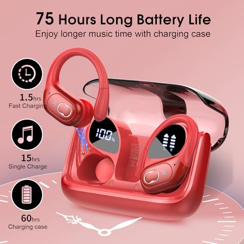 Wireless Earbuds 75H Bluetooth 5.4 Sport Headphones with Earhooks, Red - color: Red