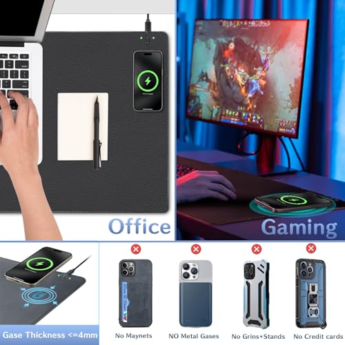 Magnetic Wireless Charging Mouse Pad, Office Desk Mat with Wireless Charger, Multifunctional Large Desk Pad with Non-Slip Base, Waterproof Leather Desk Pad for Gaming and Office Use(60X40cm)