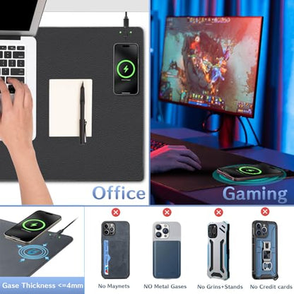 Magnetic Wireless Charging Mouse Pad, Office Desk Mat with Wireless Charger, Multifunctional Large Desk Pad with Non-Slip Base, Waterproof Leather Desk Pad for Gaming and Office Use(60X40cm)
