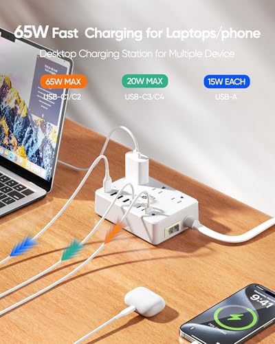 Kakyanill 100W Charging Station, Power Strip with 6 AC Outlets 8 USB Ports - color: White