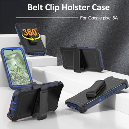 Compatible with Google Pixel 8A Case, with Belt Clip Holster Heavy Duty Rugged Shockproof Full Body Protection Kickstand Phone case for Google Pixel 8A 5G (Blue) - color: Blue