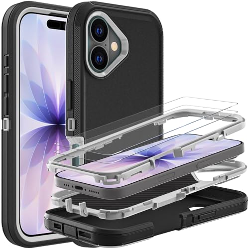 YKHJKLEC for iPhone 17 Case, Military Grade 3 in 1 Heavy Duty Shockproof/Drop Proof/Dust Proof Case with 2Pcs Tempered Glass Screen Protector (Black/Grey) - color: Black/Grey