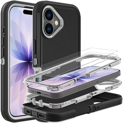 YKHJKLEC for iPhone 17 Case, Military Grade 3 in 1 Heavy Duty Shockproof/Drop Proof/Dust Proof Case with 2Pcs Tempered Glass Screen Protector (Black/Grey) - color: Black/Grey