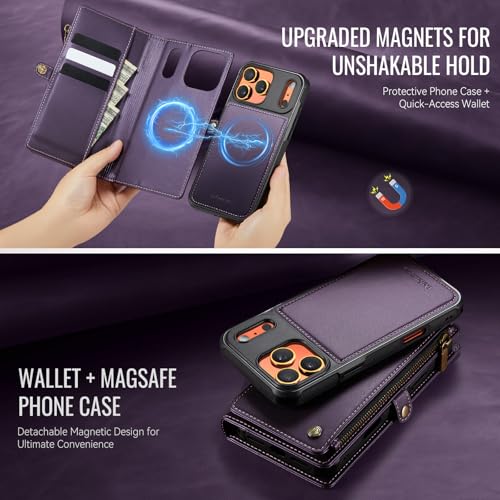 Defencase for iPhone 17 Pro Max Case Wallet Compatible with Magsafe, Purple | Drop-Proof Magnetic Detachable Phone Cases Cover, with RFID Bolcking Card Holder, Zipper Strap, PU Leather, Removable Wallet - color: (Detachable with Magsafe)-Purple