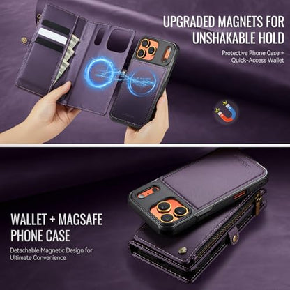 Defencase for iPhone 17 Pro Max Case Wallet Compatible with Magsafe, Purple | Drop-Proof Magnetic Detachable Phone Cases Cover, with RFID Bolcking Card Holder, Zipper Strap, PU Leather, Removable Wallet - color: (Detachable with Magsafe)-Purple