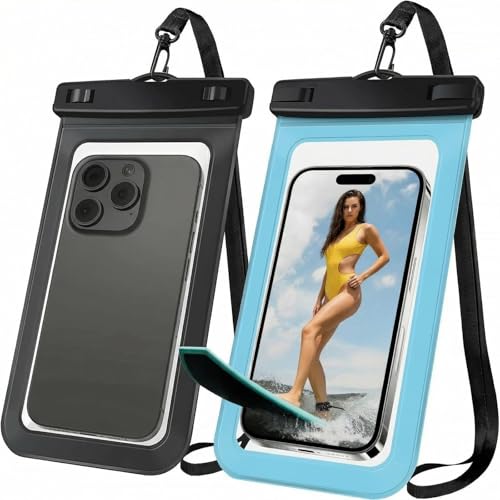 [2 Pack Waterproof Phone Case, Universal Dry Bag for iPhone 15/14/13/12 Pro Max, IPX8 Waterproof Pouch, Cruise Ship & Beach Essentials, Black & Blue - 6.8" - color: A8-Black+Blue-2 pack, size: 6.8in
