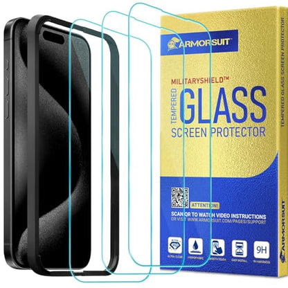 ArmorSuit 3 Pack Glass Screen Protector for iPhone 15 Pro Tempered Glass MilitaryShield Case Friendly (w/Alignment Tool) - size: iPhone 15 pro 6.1"