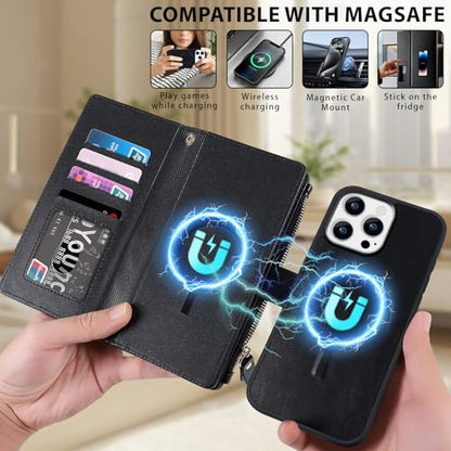for iPhone 16e/17e Case Wallet,Compatible with MagSafe Magnetic 2 in 1 Magnetic Detachable PU Leather RFID Blocking Wallet Cover Card Holder Zipper Wrist Strap Lanyard,Quilted Black - color: Quilted Black