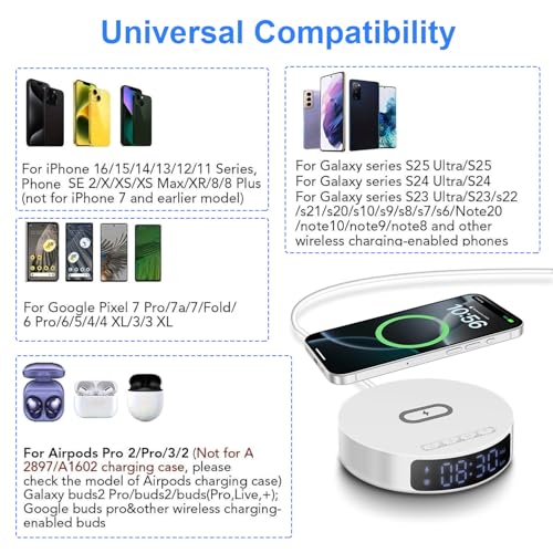 25W Max Fast Wireless Charger with Alarm Clock,Wireless Charging Pad - color: White pad