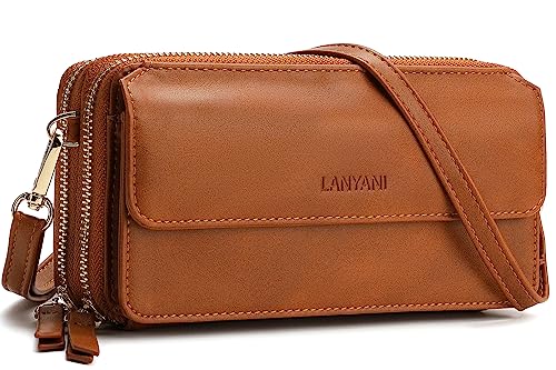 RFID Crossbody Wallet Wristlet Purse with Phone Pocket For Women Vegan Leather - color: Brown