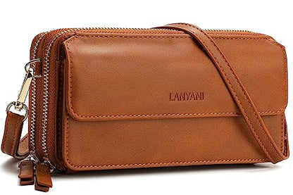 RFID Crossbody Wallet Wristlet Purse with Phone Pocket For Women Vegan Leather - color: Brown