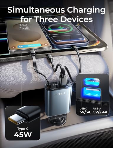 LISEN 72W Retractable Car Charger Ultra-Compact USBC Fast Car Charger - color: 1C Cable-Silver