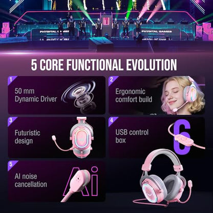 FIFINE AmpliGame H13P Wired RGB Gaming Headset for PC, Mac, PS4, PS5 - color: Pink