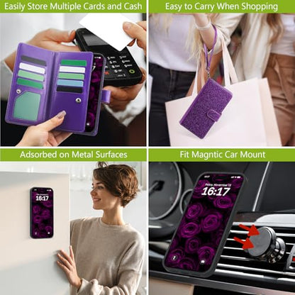 Varikke for iPhone 16 Glitter Case Wallet Magnetic Detachable, Deep Purple - color: (Standard) Dark Purple, size: iPhone 16 6.1"