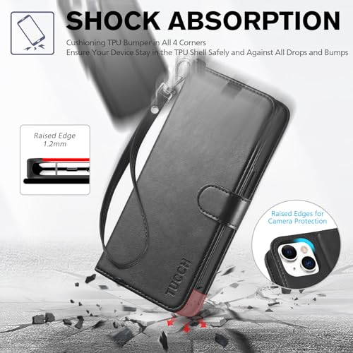 TUCCH Wallet Case with Wrist Strap for iPhone 14 (6.1") 2022, Black | 4 Card Holders, RFID Blocking, Viewing Stand, Shockproof TPU Shell, PU Leather, Magnetic Closure, Folio Flip Cover - color: Black with Strap