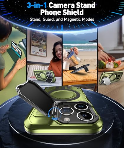 DASFOND Shield Series for iPhone 13 Pro Case with Camera Stand Cover [Compatible with MagSafe] Full Body Military Shockproof Protection Heavy Duty Rugged Magnetic Phone Case iPhone 13 Pro, Olive Green - color: Olive Green, size: Camera Stand iPhone 13 Pro