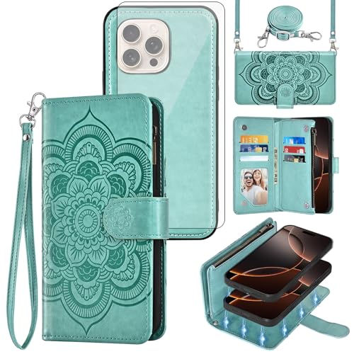 Asuwish Phone Case for iPhone 16 Pro 6.3 inch Zipper Wallet Detachable Cell Cover with Tempered Glass Screen Protector Crossbody Lanyard Strap Flower Card Holder i Phone16 i16 16Pro Women Girls Green - color: Green