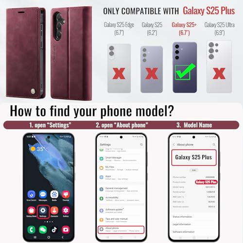 for Samsung Galaxy S25 Plus 2in1 Detachable Wallet Case, Burgundy | Compatible with Magsafe, Magnetic, RFID Blocking Card Holder, Shockproof, Kickstand, Wireless Charging, PU Leather Flip Cover - color: Retro Burgundy, size: Galaxy S25 Plus - 6.7"