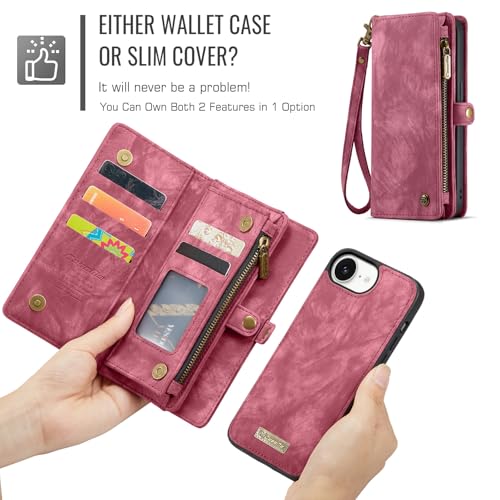 Compatible with iPhone 17E/16E Wallet Case with Magsafe,Red | Magnetic Detachable Case,Card Holder,Zipper Pocket,Strap Wristlet, Soft Leather Drop-Proof Phone Case for iPhone 17E/16E - color: (Detachable and Magsafe)-Red, size: iPhone 16E/17E 6.1 Inch