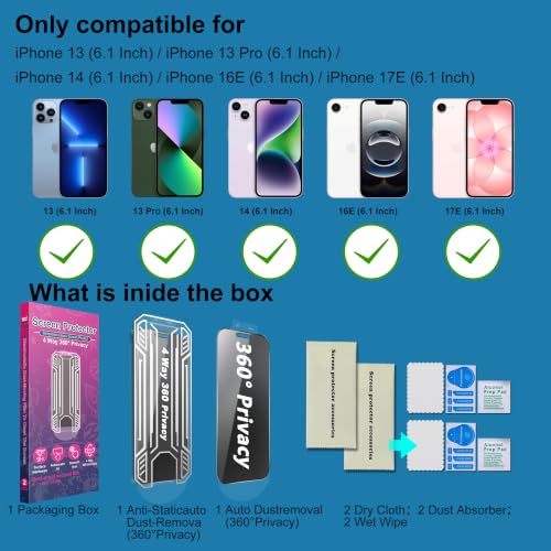 [2 Pack 4 Way Privacy Screen Protector for iPhone 17E/16E/13/13 Pro /14, Anti-Spy Tempered Glass, 9H Hardness Shatterproof, 3D Curved Edges, Case-Friendly, Bubble-Free Easy Installation - size: for 13 / 13Pro / 14 / 16E / 17E