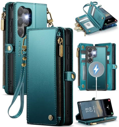 Defencase for Galaxy S26 Ultra Case Wallet Compatible with Magsafe, Green | Magnetic Detachable, RFID Bolcking Card Holder, Zipper Strap, PU Leather Drop-Proof Phone Cover for Samsung Galaxy S26 Ultra - color: (Detachable with Magsafe)-Blue Green