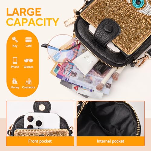 Women's Small Crossbody Cell Phone Bag, Boho Colorful Beaded Purse Wallet with Handmade Cute Patterns - color: Eye-gold