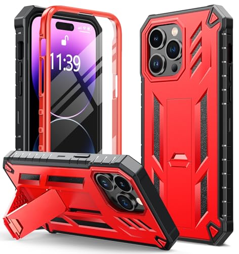 FNTCASE for iPhone 14 Pro Max Case, Built-in Screen Protector, Kickstand | 20FT Military-Grade Drop Protection, Anti-Slip Matte Textured, Rugged Heavy Duty Shockproof TPU Protective Cover - color: Kickstand Red
