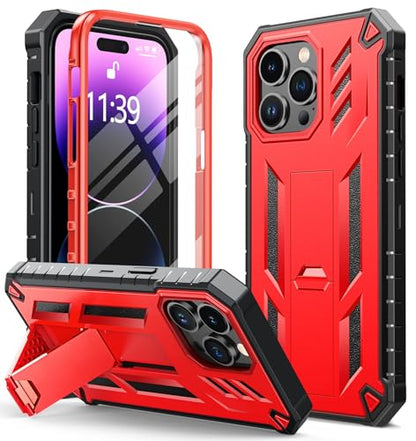 FNTCASE for iPhone 14 Pro Max Case, Built-in Screen Protector, Kickstand | 20FT Military-Grade Drop Protection, Anti-Slip Matte Textured, Rugged Heavy Duty Shockproof TPU Protective Cover - color: Kickstand Red