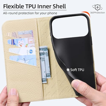 VISOUL Pebbled Leather Wallet Case for iPhone 17 Pro Max 6.9" 2025, Genuine Leather Flip Folio Cover with RFID Blocking Card Holders, Kickstand, Soft TPU Protective Flip Cover -Green+Milky White - color: Green+Milky White