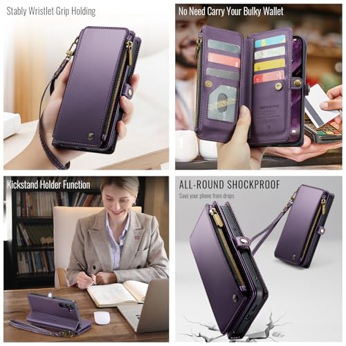 Defencase for Samsung Galaxy S26 Wallet Case with RFID Card Holder, Purple | Durable Soft PU Leather, with Zipper Pocket, Wrist Strap, Fashion Snap Flip S26 Phone Cases Cover with Stand for Women Men - color: Purple