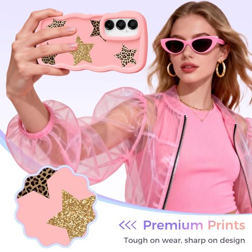 for Galaxy A15 Phone Case, Wavy Soft TPU, Pink-Leopard Star | Wavy Frame Design, Soft Slim TPU, Full Camera Lens Protection, Shockproof Phone Cover - color: Pink-Leopard Star, size: Samsung A15