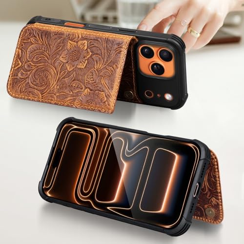 Wallet Real Leather Case Compatible with iPhone 17 Pro 6.3" Brown | Genuine Leather,Shockproof, Anti-Fall Case,Flip Cover,with Card Slot,Double Magnetic Buckle,Kickstand,RFID Blocking Brown - color: Brown, size: 6.3"-17 Pro