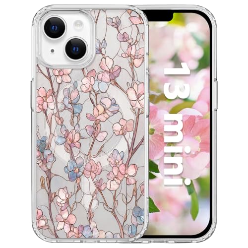 for iPhone 13 Mini 5.4" Magnetic Case[Compatible with MagSafe] Aesthetic Vintage Stained Glass Bloom Flower Design, Slim Fit Hard PC Back Shockproof Cute Clear Phone Cover, Pink Flower - color: Pink Glass Flowers, size: iPhone 13 Mini