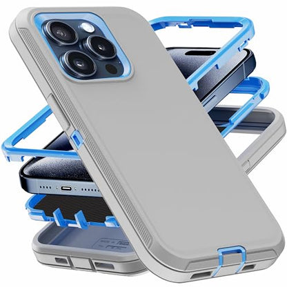 for iPhone 15 Pro Case Shockproof Dropproof Dust-Proof Drop Proof 3-in-1 Durable Phone Case Heavy Duty Protection Phone Case Cover for Apple iPhone 15 Pro 6.1" Grey/Blue