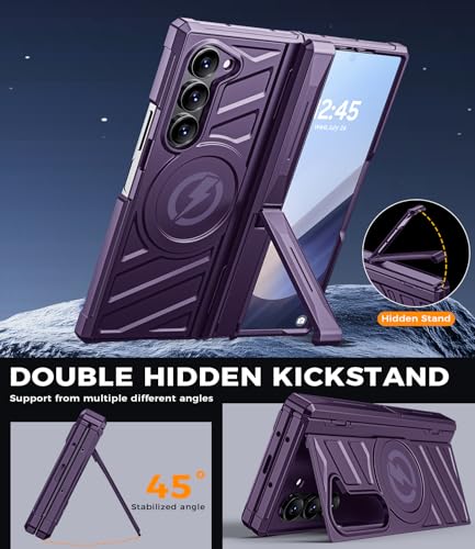 Magnetic for Galaxy Z-Fold-6 Case: Heavy Duty Armor Phone Case [Compatible with MagSafe][Hinge Protection][Dual Kickstand] Shockproof TPU+PC Cover for zfold 6 5G 2024 Purple - color: Purple