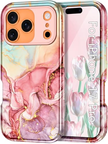 Btscase Compatible with iPhone 17 Pro Case 6.3 Inch 2025,Marble Pattern 3 in 1 Heavy Duty Shockproof Full Body Rugged Hard PC+Soft Silicone Drop Protective Women Girl Phone Cases, Rose Gold - color: A-Rose Gold, size: iPhone 17 Pro