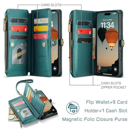 Defencase for iPhone 17 Wallet Case with RFID Blocking Card Holder, Green | Durable Soft PU Leather, with Zipper Pocket, Wrist Strap, Fashion Snap Flip Phone Cases Cover with Stand for Women and Men - color: Blue Green