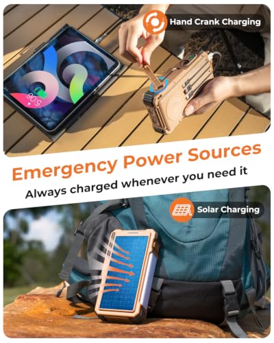 BLAVOR Solar Power Bank with Hand Crank and Built-in 4 Cables 20000mAh - color: Yellow