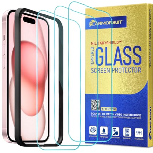 ArmorSuit 3 Pack Glass Screen Protector for iPhone 15 (6.1 Inch) Tempered Glass MilitaryShield Case Friendly (w/Alignment Tool) - size: iPhone 15 6.1-inch