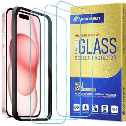 ArmorSuit 3 Pack Glass Screen Protector for iPhone 15 (6.1 Inch) Tempered Glass MilitaryShield Case Friendly (w/Alignment Tool) - size: iPhone 15 6.1-inch
