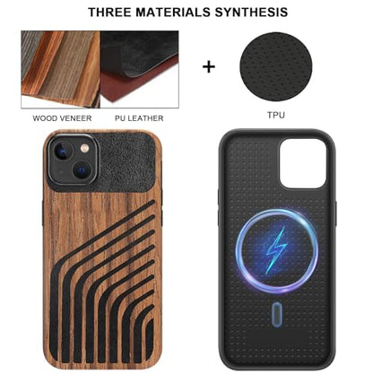 TENDLIN Magnetic Case Compatible with iPhone 14 Plus Case Wood Grain with Carbon Fiber Texture Design Leather Hybrid Slim Cover (Compatible with MagSafe) Hairline - color: Magnetic Hairline, size: iPhone 14 Plus