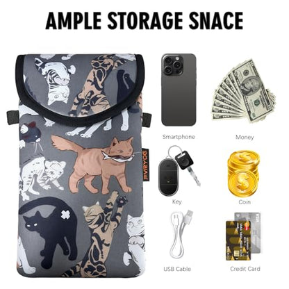 Neoprene Phone Sleeve Pouch Case Bag for Men Women w/Crossbody Strap/Neck Lanyard for iPhone 17/16/15/14 Pro Max, Samsung S25，Pixel 10 - color: Gray-bottomed Cat