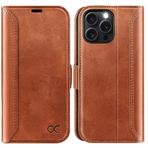 OCASE Compatible with iPhone 16 Pro Max Wallet Case, PU Leather Flip Folio Case with Card Holders RFID Blocking Kickstand [Shockproof TPU Inner Shell] Phone Cover 6.9 Inch 2024, Retro Brown | Card slot stand function, RFID deer case flip case mobile phone