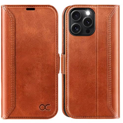 OCASE Compatible with iPhone 16 Pro Max Wallet Case, PU Leather Flip Folio Case with Card Holders RFID Blocking Kickstand [Shockproof TPU Inner Shell] Phone Cover 6.9 Inch 2024, Retro Brown | Card slot stand function, RFID deer case flip case mobile phone