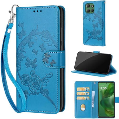 Wallet Case for Motorola Moto G Power 2025/2026, Blue Flower | Women Flip Folio Cover, Embossed PU Leather, Stand, Credit Card Holders Slots, Wrist Strap - color: 5