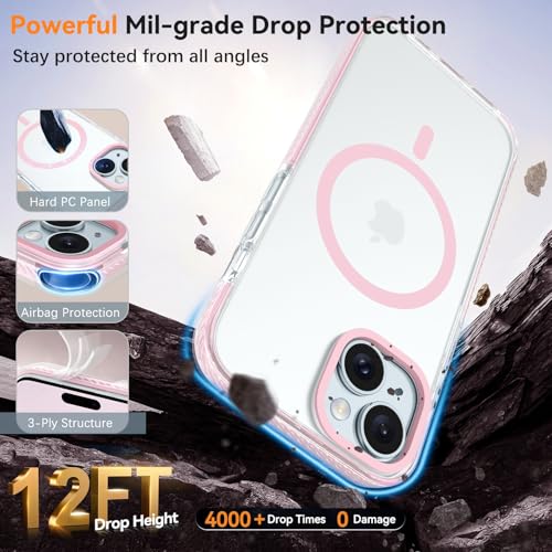 GUAGUA Magnetic for iPhone 15 Case, [Compatible with Magsafe] Military Shockproof Protective Bumper Cute Transparent Slim Anti-Yellowing Phone Cover for iPhone 15 6.1", Clear Pink - size: iPhone 15