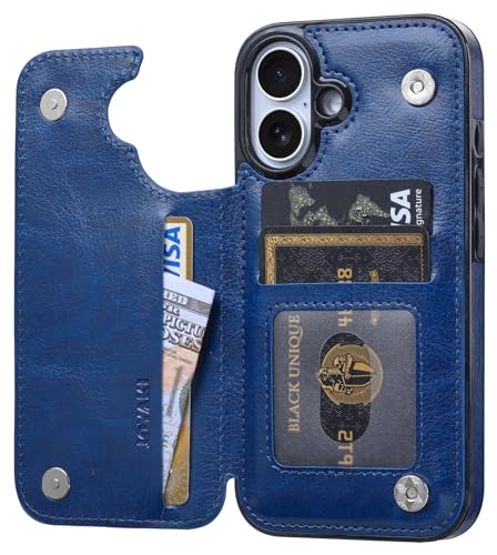 Wallet Case Compatible with iPhone 16 6.1", Slim Protective Case with Card Holder,Premium PU Leather Kickstand Card Slots Case with Double Magnetic Clasp-Deepblue - color: Deepblue, size: iphone 16 6.1"