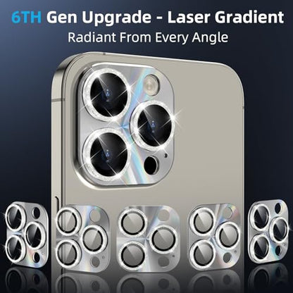 YWXTW Camera Lens Protector for iPhone 15 Pro Max/iPhone 15 Pro, [Lithography Laser Gradient] [5X Strengthen] Tempered Glass Screen Protector Metal Ring Back Camera Lens Cover (Natural Glitter) - color: Natural Glitter