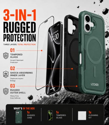 LOOXER® Heavy Duty Rugged Magnetic Case for iPhone 17 (6.3”) | Military Grade Shockproof Protection,MagSafe Compatible+ Tempered Glass Included (Green, 17) - color: Green, size: 17
